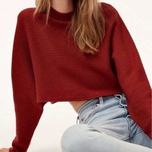 ARITZIA WILFRED FREE Lolan Cropped Sweater Wool Linen Bright Red Waffle Knit Top